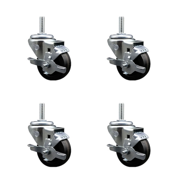 3 Inch Phenolic Wheel Swivel 34 Inch Threaded Stem Caster Set with Brake SCC